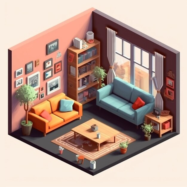 Photo isometric view of a living room with a couch generative ai