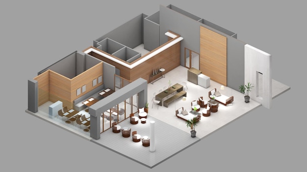 Isometric view of a lobby area and restaurantresidential and public space 3d rendering