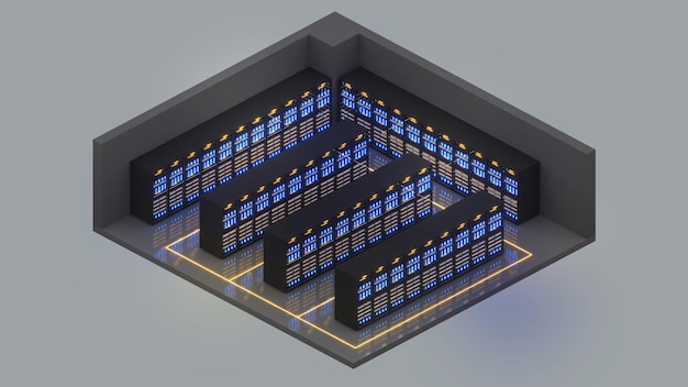 中規模のサーバー ルームデータ センターの等角図、完全に運用可能なサーバー ラックの 3 d レンダリングの複数の行