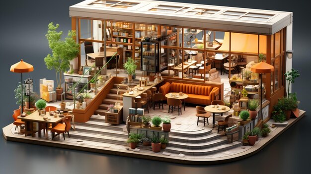 Изометрический вид минимального кафе-магазина, открытого внутри дизайна интерьера 3d-рендеринга