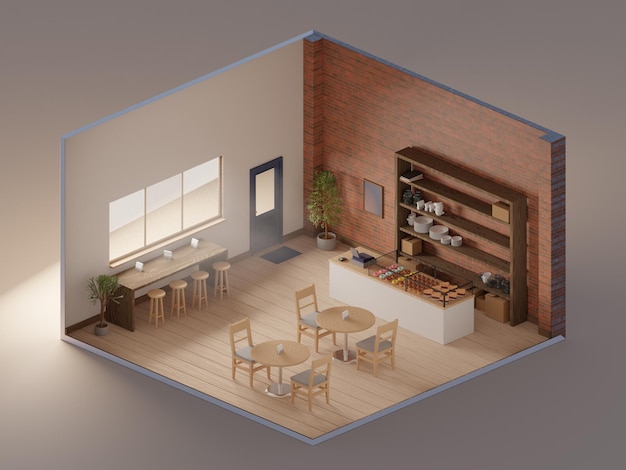 Isometric view minimal loft cafe store. open inside interior architecture, 3d rendering, table, chair