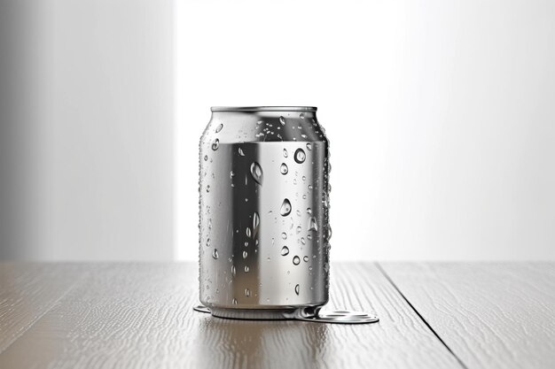 Isometric view mockup of wet Aluminium can of beverage with water drop on white wooden table