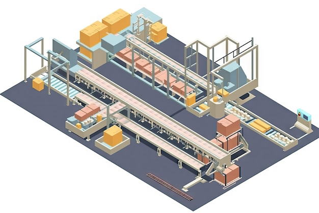 写真 生成 ai で作成されたコンベア ベルトと機械が並ぶ工場現場の等角図