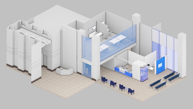 Vista isometrica di un rendering 3d di un'area di lavoro della reception e dell'ufficio