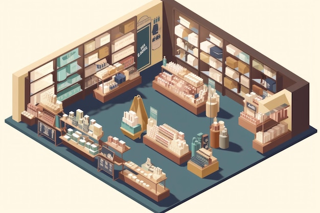 Photo isometric view of retail store showcasing products and brand created with generative ai