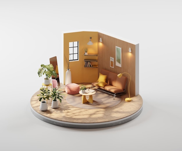 isometric view round living room cozy style open inside interior architecture 3d rendering