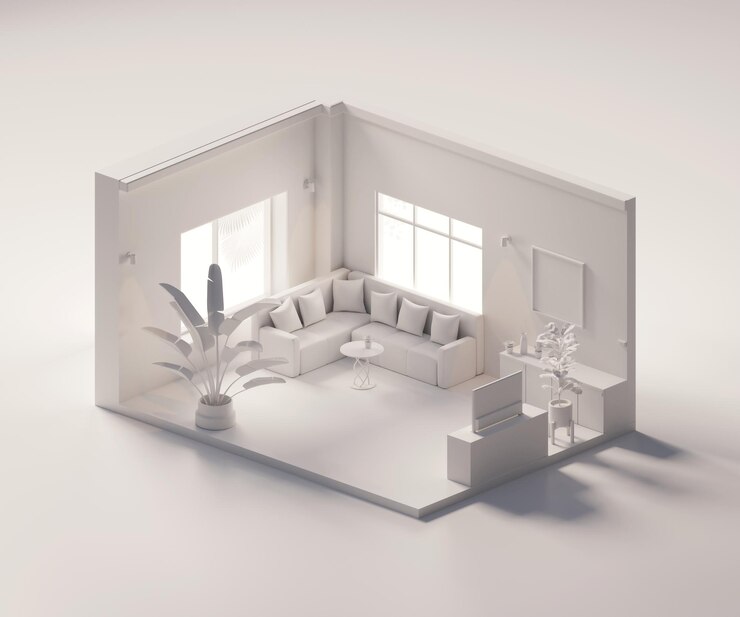 이소메트릭 뷰 (Isometric view) - 백색 거실, 내부 건축물, 3D 렌더링, 디지털 아트