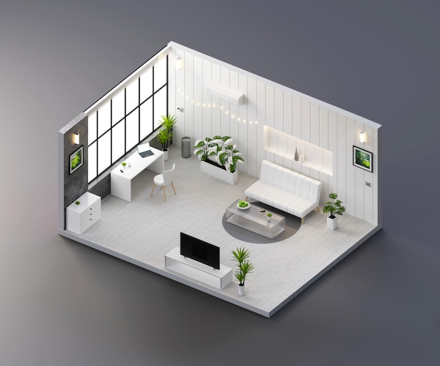 Isometric view white living room open inside interior architecture, 3d rendering.