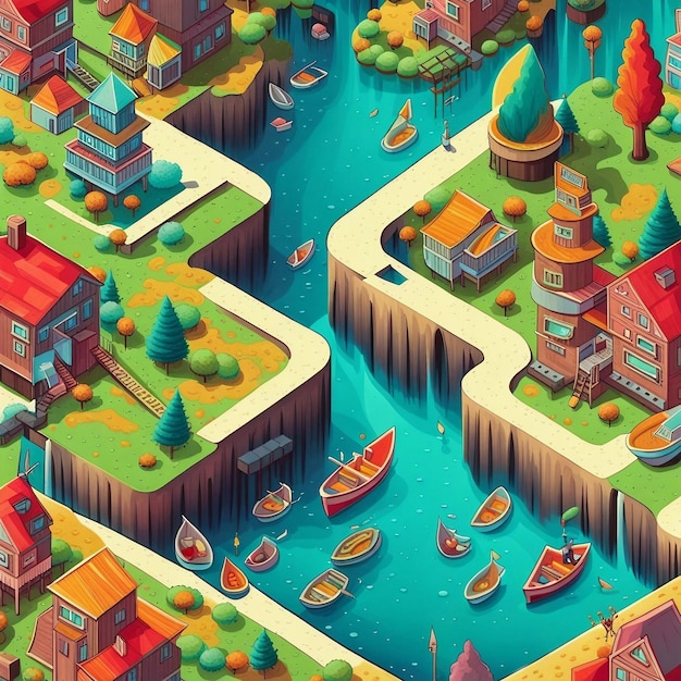 Isometric village with river houses and mountains Vector illustration