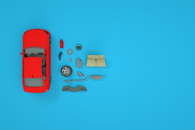 Isometric volumetric models of the car and its spare parts. car\
repairs, spare parts are nearby. red car on a blue background. top\
view. 3d computer graphics