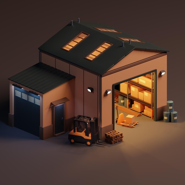 Isometric warehouse building with forklift and boxes 3d illustration