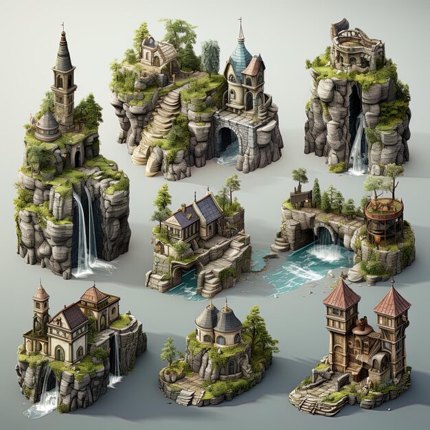 Isometric waterfall and castle