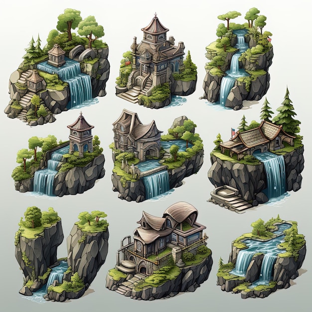 Isometric waterfall and castle