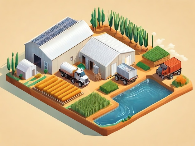 Isometric Wheat Field with a Storage Warehouse