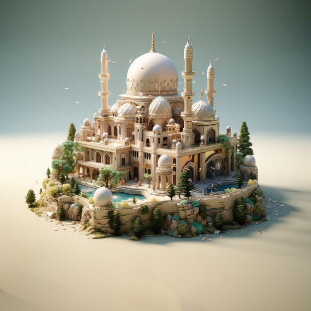 isometric white mosque with white dome