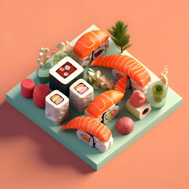 Isometrisch beeldminimalisme van een sushi 3D geometrisch ontwerp