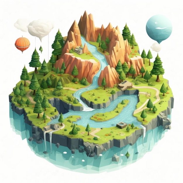 Isometrisch berglandschap met een waterval en een rivier vectorillustratie