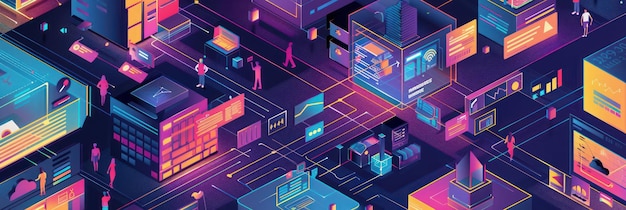 Isometrisch digitaal stadsbeeld en verbindingen Achtergrond voor technologische processen wetenschappelijke presentaties enz.