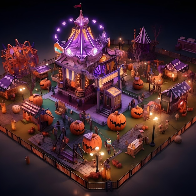 Isometrisch Halloween huis met pompoenen geesten en snoepjes vogelverschrikker 3D illustratie