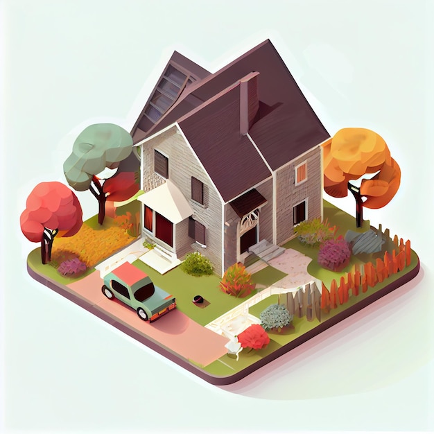 Isometrisch huis. Perspectiefillustratie van een geïsoleerd huis met tuin op een isometrisch vlak.