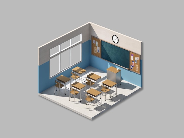 Isometrisch klaslokaal met stoelen, bureaus en krijtbord