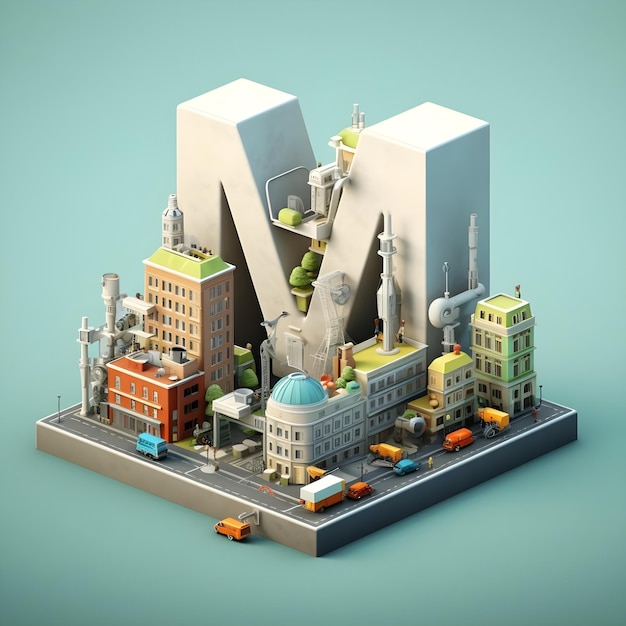 isometrisch stadslandschap met wolkenkrabbers en gebouwen van de letter M