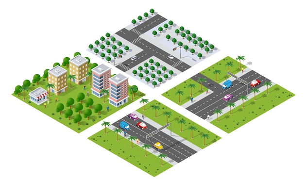 Isometrische 3D-illustratie park bomen bos natuur elementen