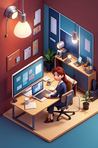 Isometrische compositie van een zakenvrouw met een laptop en kleine vrouwelijke karakters met infografische elementen en een vectorillustratie van de gloeilamp