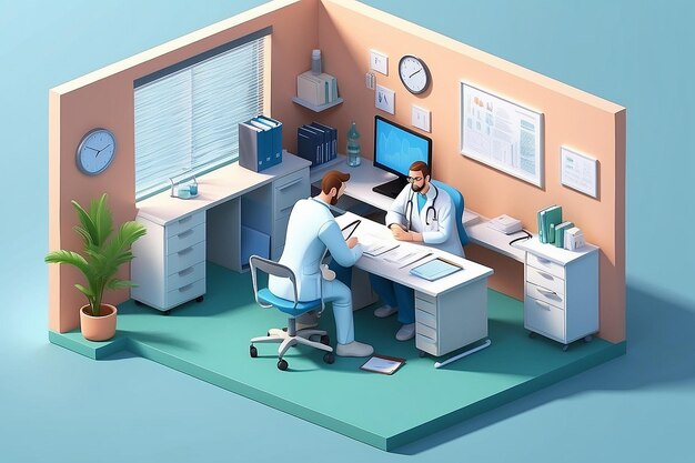 Isometrische dokter kantoor vector illustratie 3d arts personage zit aan tafel raadplegen patiënt in doctorale kabinet interieur van het ziekenhuis gebouw Medische raadpleging gezondheidszorg geneeskunde