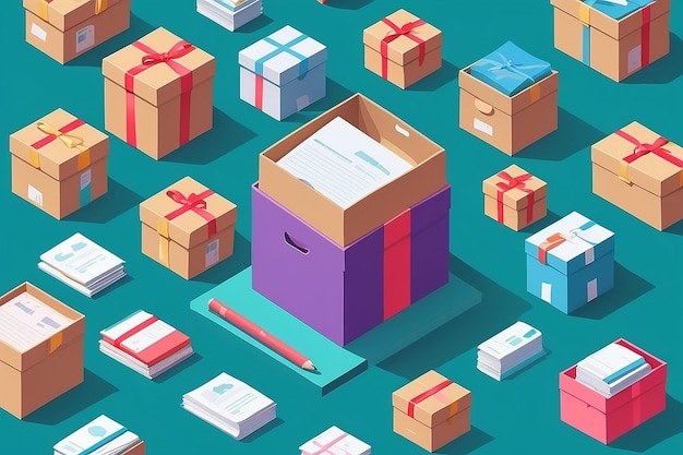Foto isometrische doosvector illustratie van de verpakking van een geschenkcontainer vlakke kartonnen doos