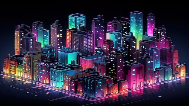 Foto isometrische illustratie van een hoofdstedelijk gebouw met volledige neonkleuren gegenereerd door ai
