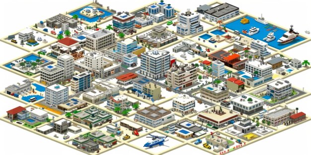 Foto isometrische illustratie van een moderne stad met verschillende gebouwen, infrastructuur en stedelijke planning
