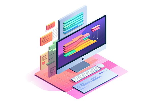 isometrische illustratie van een plat een afbeelding van een computerscherm bedekt met een landingspagina