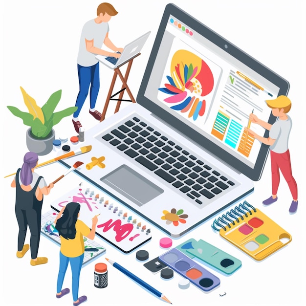 isometrische illustratie van een werkstation en een computer in vectorstijl