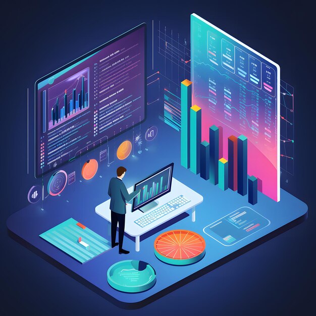 isometrische karakters ontwerpen zakenman werkt met behulp van big data informatie gegenereerde AI