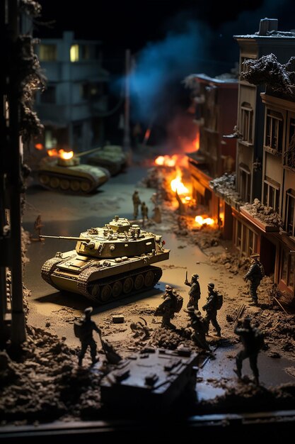 Isometrische miniatuurwerelddiorama van een squad van acht soldaten en een tank die een door oorlog verscheurde stad patrouilleert