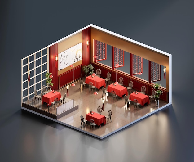 Isometrische weergave Chinees restaurant open binnen interieurarchitectuur 3D-rendering