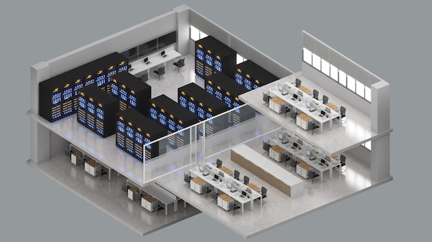 Isometrische weergave van een kantoorruimte en een grote serverruimte Datacenter met meerdere rijen volledig operationele serverracks 3D-rendering