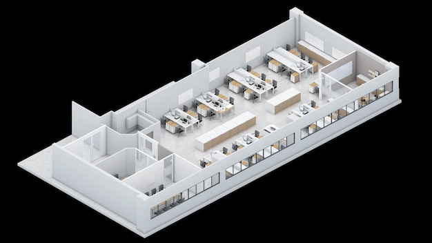 Isometrische weergave van een kantoorruimtereceptie en vergaderruimte 3D-rendering