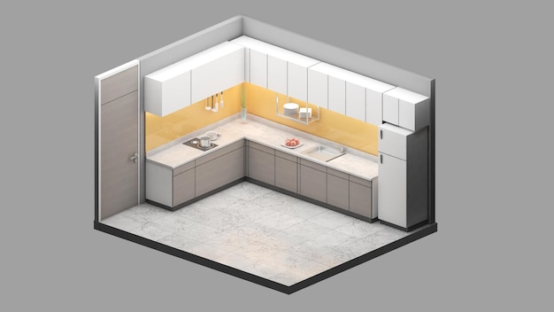 Isometrische weergave van een keukenwoonkamer 3D-rendering