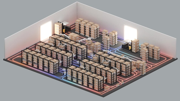 Isometrische weergave van een magazijn Het transportvoertuig gebruikt een robotarmrobots om de goederen op te halen met behulp van automatisering in productbeheer 3D-rendering