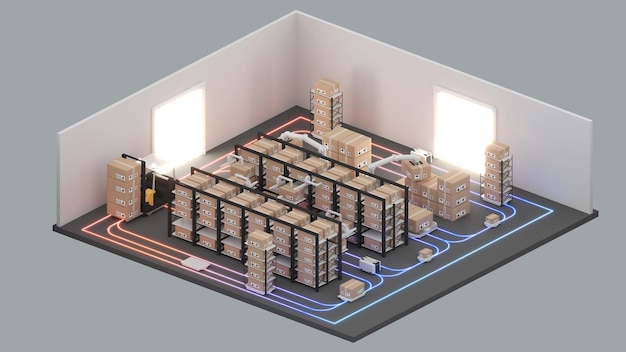 Isometrische weergave van een magazijn het transportvoertuig gebruikt een robotarmrobots om de goederen op te halen met behulp van automatisering in productbeheer 3d-rendering