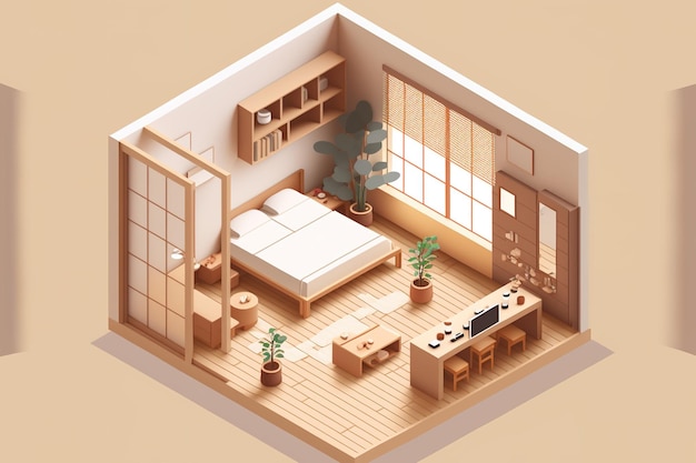 Isometrische weergave van een slaapkamer in een muji-stijl open ontwerp met digitale kunst