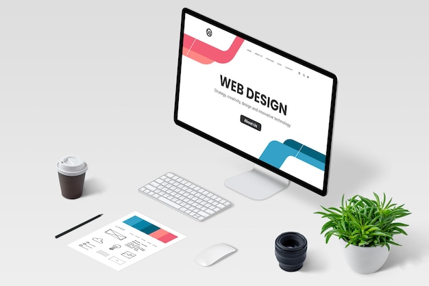 Isometrische weergave van webdesigner-werkbureau met computerscherm en modern webpagina-concept