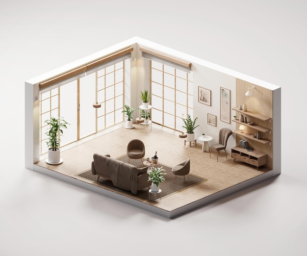 Foto isometrische weergave woonkamer muji stijl open binnen interieur architectuur 3d rendering