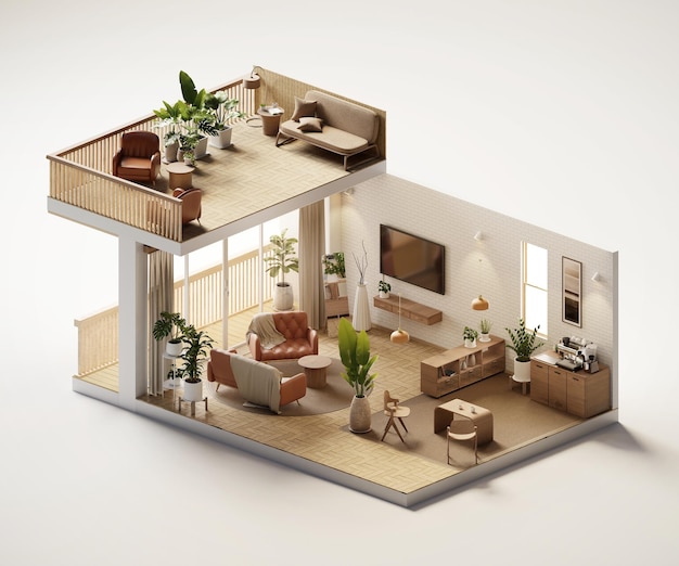 Isometrische weergave woonkamer muji stijl open binnen interieur architectuur 3d rendering