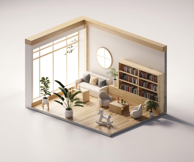 Isometrische weergave woonkamer muji-stijl open binnen interieurarchitectuur 3D-rendering digitale kunst