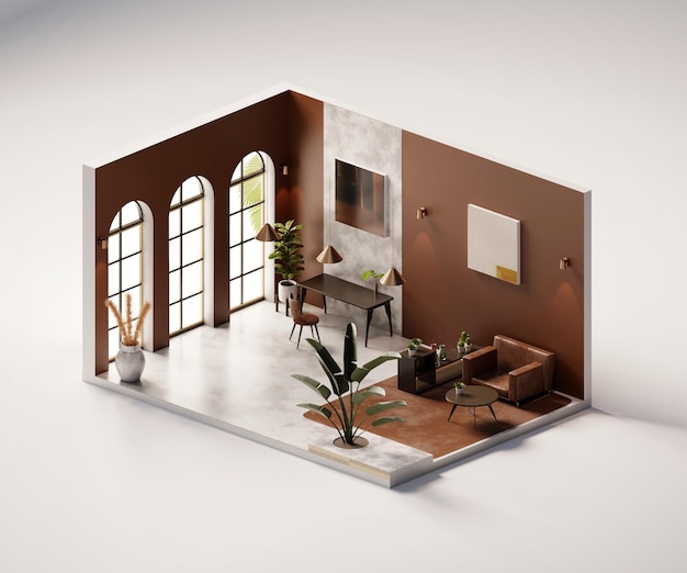 Isometrische weergave woonkamer open binnen interieurarchitectuur 3D-rendering digitale kunst