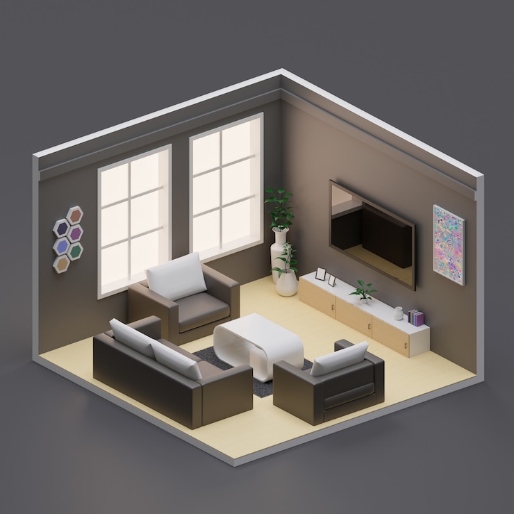 Foto isometrische woonkamer open binnen interieurarchitectuur 3d-rendering