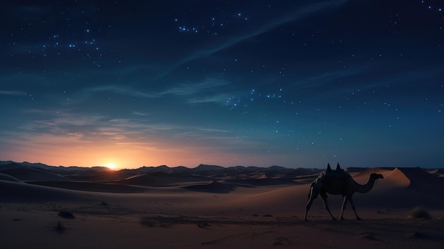 Мирадж на заднем плане в пустыне под утренней звездой с силуэтом верблюда